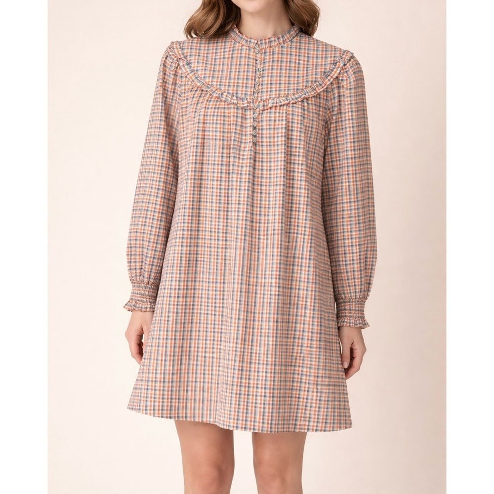 Olivia James The Label Cotton Plaid Ruffle Bib Mini Dress Sz XS NWOT